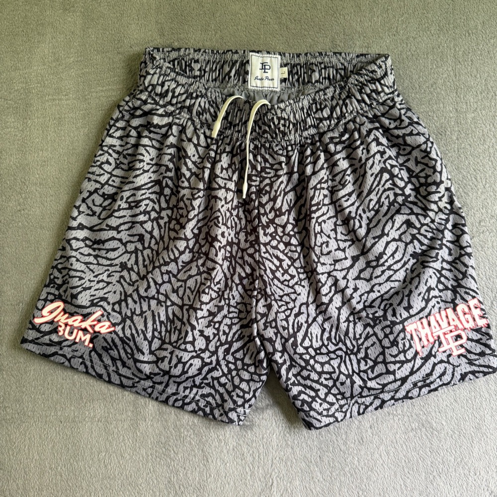 Inaka Power Thavage Mesh Shorts Large Grey Black Elephant Print Chris Bumstead